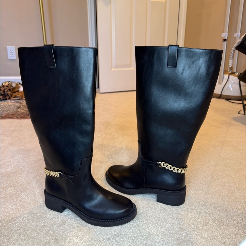 NWT A New Day Bobbi Boots Black Knee High Faux Leather Boots Gold Chain Size 7.5 - Picture 7 of 11